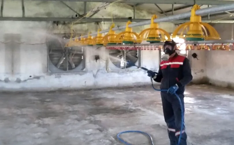 Mert Veterinerlik ekibi bir broyler kümesini dezenfekte ederken
